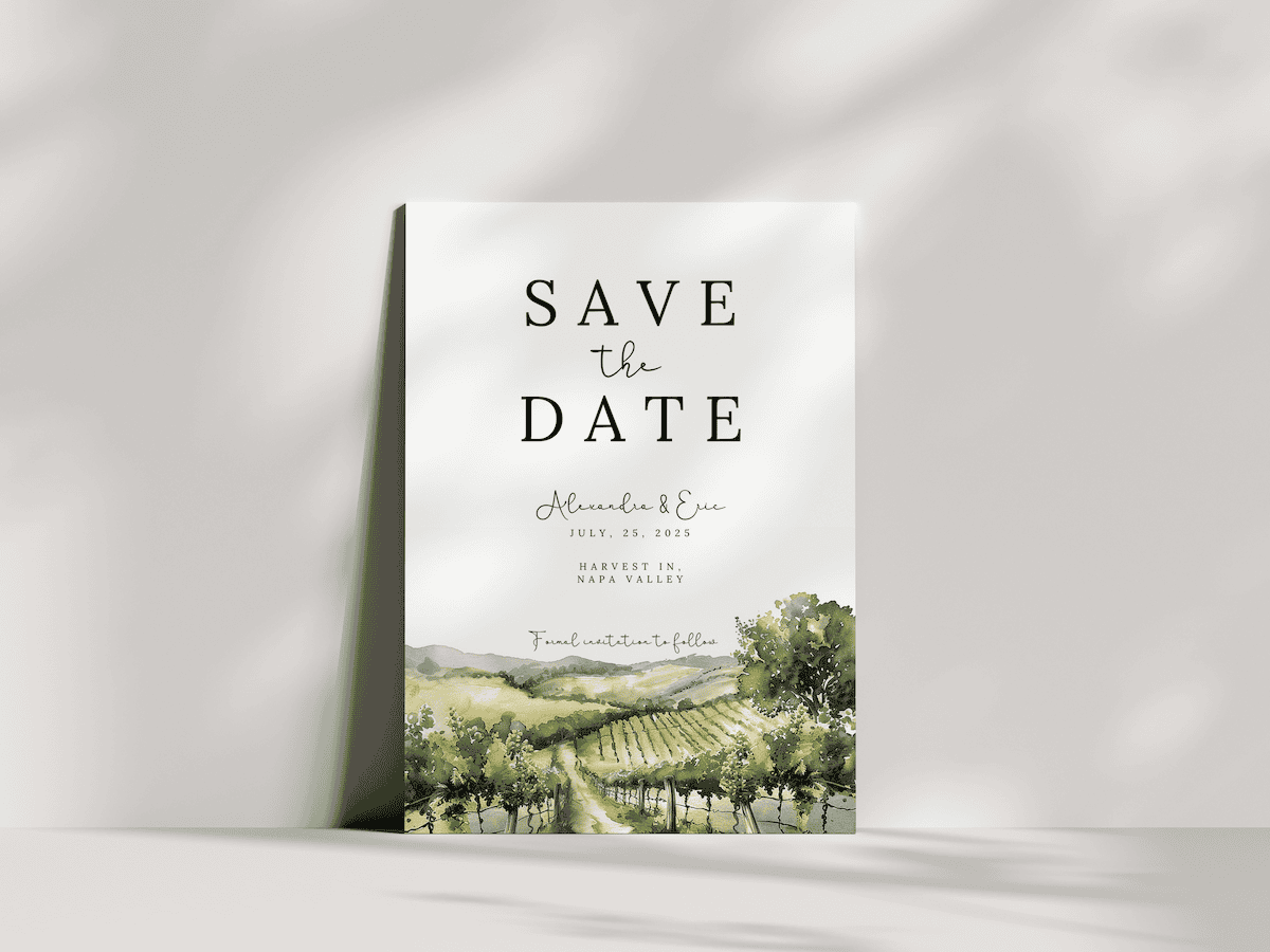 save the date card against a white wall